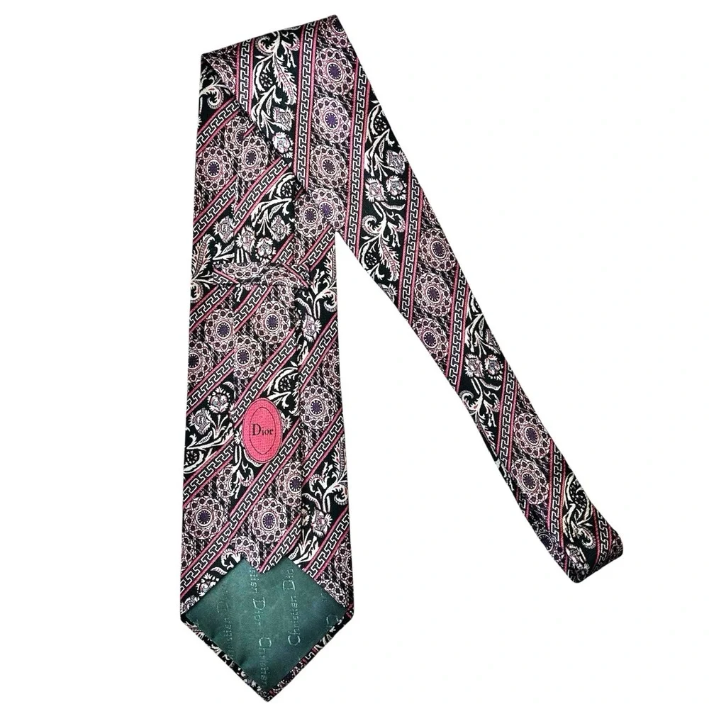 Christian Dior Silk Necktie Black Pink Floral Geometric Print Neck‎ Tie USA Made
